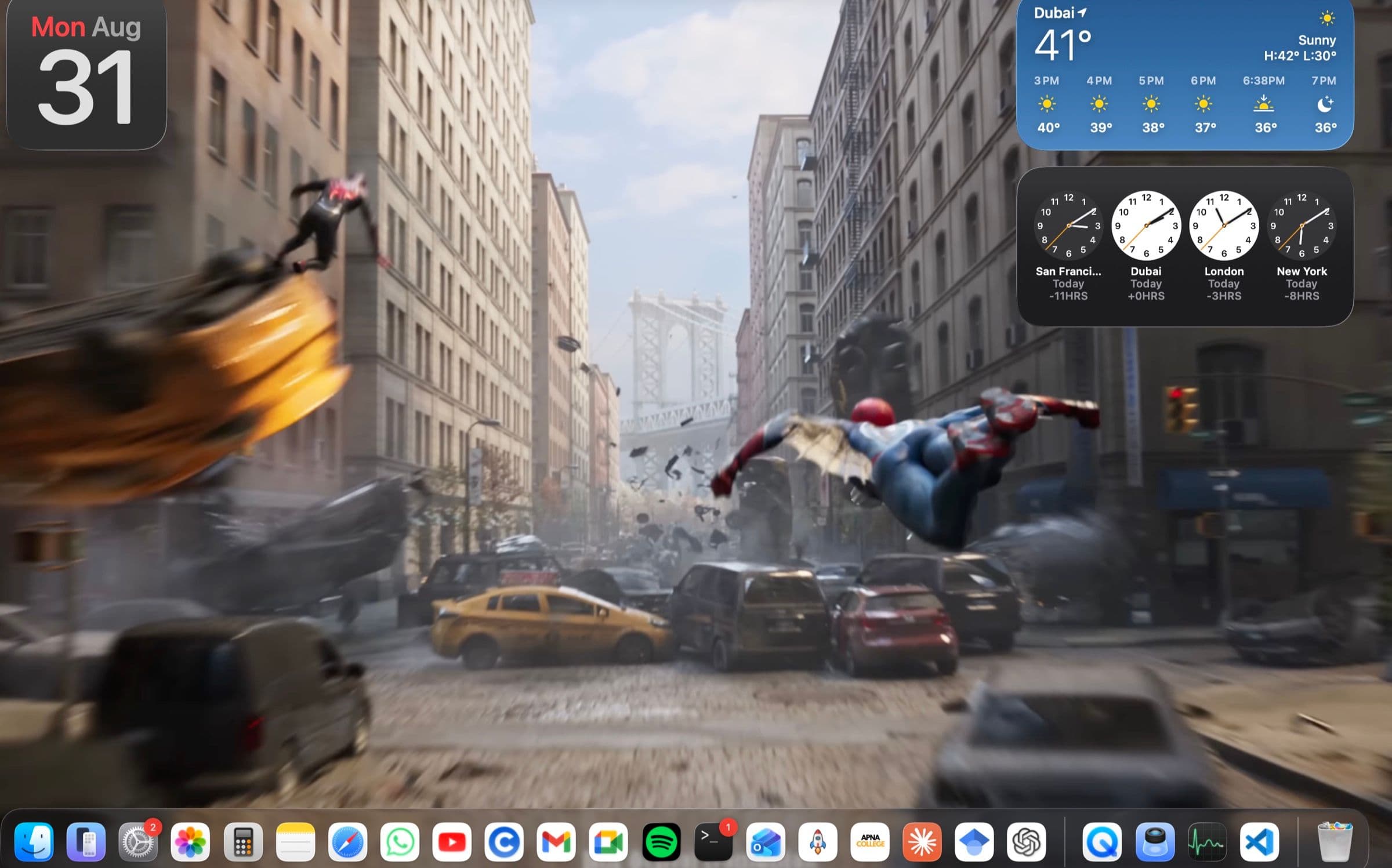 A later moment in the same clip: Spider-Man swinging low over wrecked traffic toward the Manhattan Bridge, the Dock and widgets over the moving video